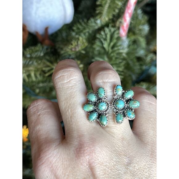 Turquoise Cluster Statement Ring Sterling Silver Southwestern Adjustable 5.5-8 - Picture 12 of 12